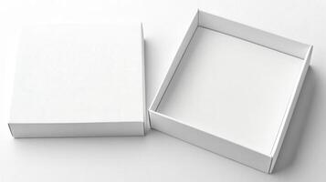 Open white box with blank paper on white background photo