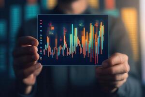 A man holding up a graph with a bar chart on it photo