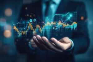 Businessman holding a business chart with a graph on his hand photo