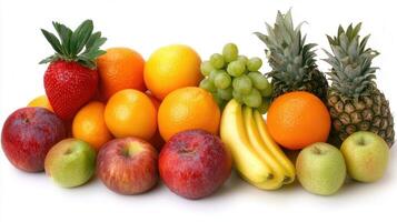A group of fruits including apples, oranges, bananas, strawberries, and pineapple photo