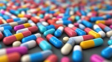 Many colorful pills are scattered on a table photo