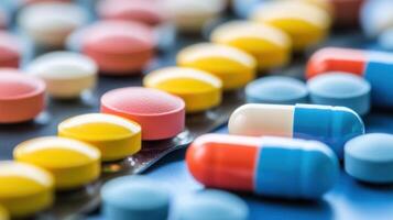 Many colorful pills and tablets on a table photo