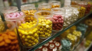 Many different types of pills are on display in jars photo