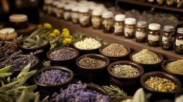 Herbs and spices in jars on display photo