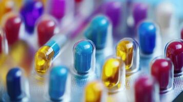 Many colorful pills are in a pill pack photo