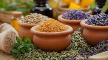 Herbal ingredients in clay pots photo