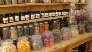 A shelf filled with jars of different types of herbs photo