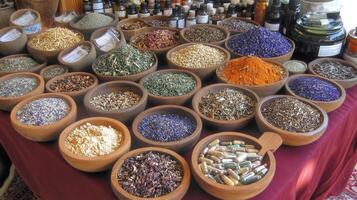 A table filled with many different types of herbs and spices photo
