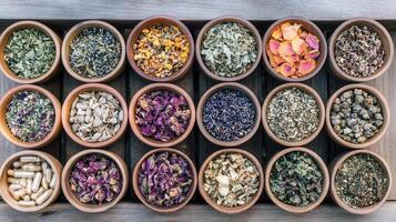 Many different types of herbs in small bowls photo