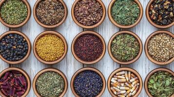 A variety of herbs and spices in wooden bowls photo