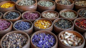 Many different types of herbs and spices are in bowls photo