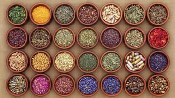 A collection of different herbs and spices in bowls photo