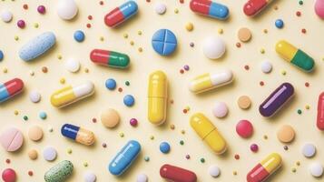 Many colorful pills and tablets on a yellow background photo