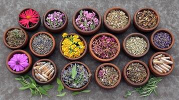 A variety of herbs and flowers in wooden bowls photo