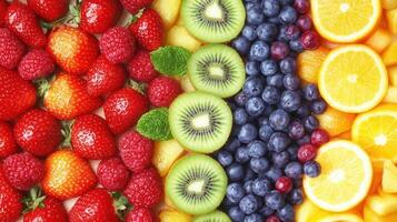 A variety of fruits are arranged in a row photo