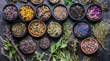 Various herbs and spices in bowls on a dark background photo