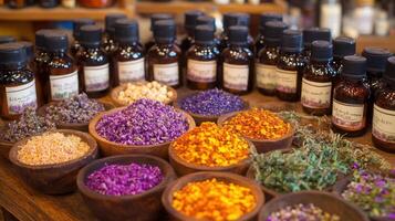 Many different types of herbs and oils are displayed in bowls photo