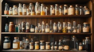 A shelf filled with many different types of bottles photo