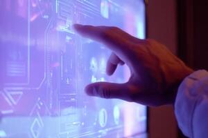 A person touching a screen with a futuristic design photo