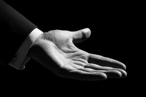 A black and white photo of a hand reaching out
