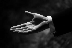 Black and white photo of a man's hand reaching out