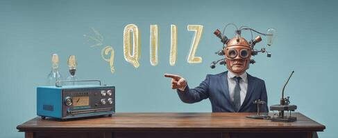 The quirky businessman with an innovative quiz-inspired headgear concept. photo