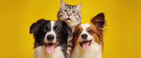 The adorable trio of dogs and cat enjoying a joyful moment together. photo