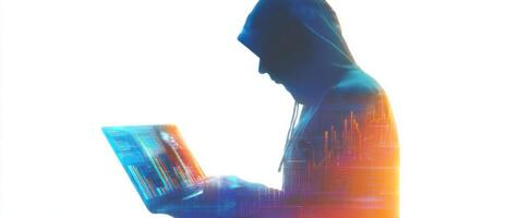 The hooded figure using a laptop against a bright, abstract background. photo
