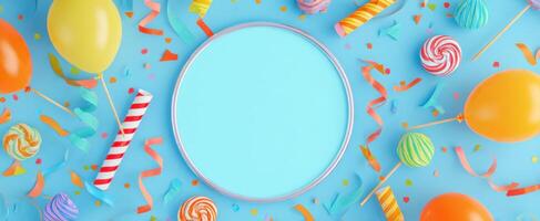 The playful party setup featuring candies and balloons on a bright blue background. photo