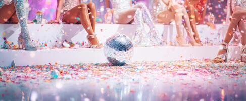 The disco ball reflecting vibrant lights during a glamorous party celebration. photo