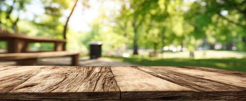 The Wooden Table Surrounded by Beautiful Natural Park Scenery photo