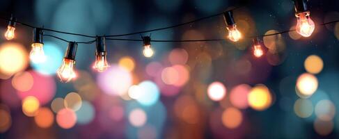 The glowing string lights creating a magical bokeh background in a nighttime setting. photo