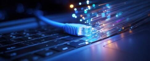 The glowing Ethernet cable connecting to a laptop keyboard in a digital environment. photo