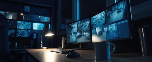 The modern surveillance desk illuminated by soft blue light at night. photo