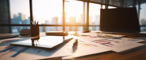 The tablet and documents on a sunlit office workspace with city views. photo