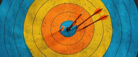 The arrows hitting the target in a vibrant archery practice scene. photo