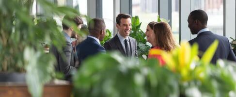 The professionals enjoying a lively conversation amidst greenery in a modern office. photo