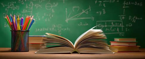 The open book surrounded by colorful stationery on a classroom desk. photo