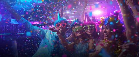 The festive group celebrating with confetti and vibrant colors at a party scene. photo