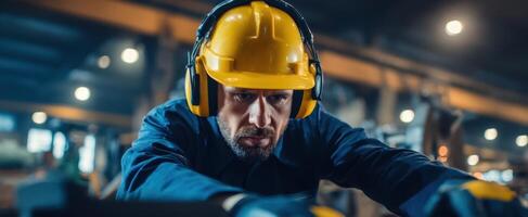 The construction worker focusing intently on machinery in a safety environment. photo
