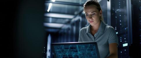 The focused IT professional analyzing data in a modern server room environment. photo