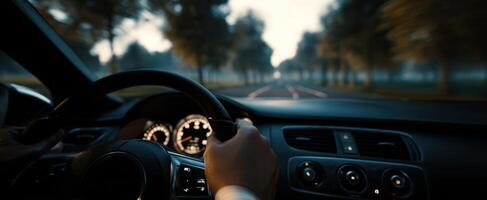 The dynamic experience of driving through a serene, misty landscape. photo