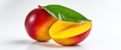 The Fresh Mango with a Leaf Showcasing Vibrant Colors and Delicious Interior photo