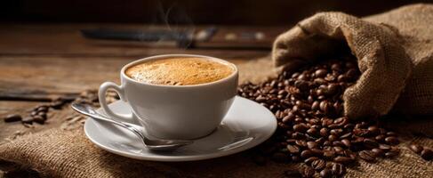 The aromatic coffee cup surrounded by freshly roasted beans on a rustic table. photo