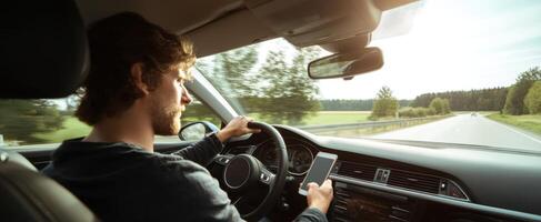 The man driving a car while using a smartphone in a scenic landscape. photo