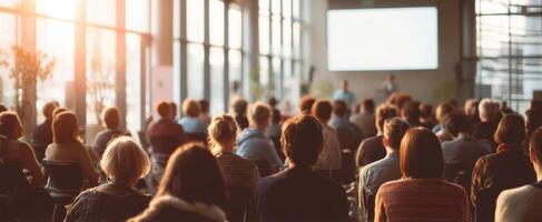 The audience engaged in a corporate presentation within a modern conference setting. photo
