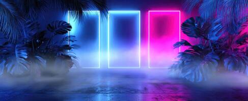 The vibrant neon-lit scene with glowing frames and tropical foliage. photo