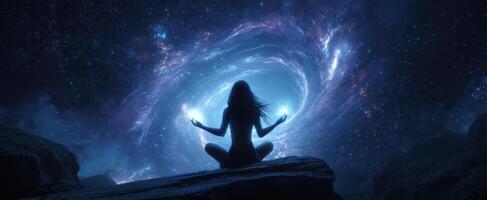 The silhouette of a woman meditating in a cosmic galaxy landscape photo