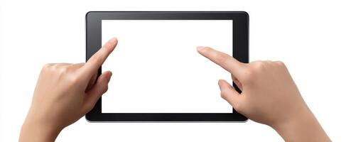 The Hands Interacting with a Blank Tablet Screen for Digital Use photo