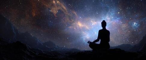 The Meditative Silhouette Under a Cosmic Galaxy Filled with Stars photo